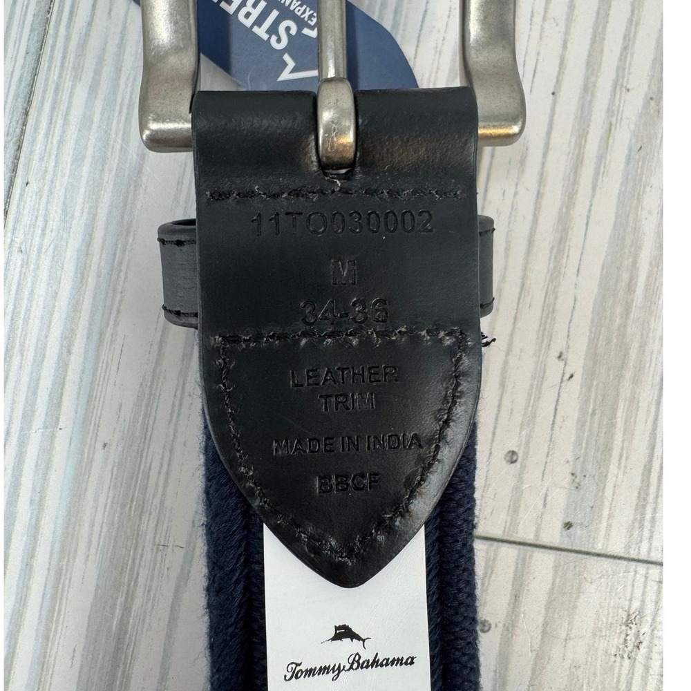 Tommy Bahama Men's‎ Med (34-36) Navy Blue Stretch Cord Belt Leather Trim Fishing - Picture 6 of 7